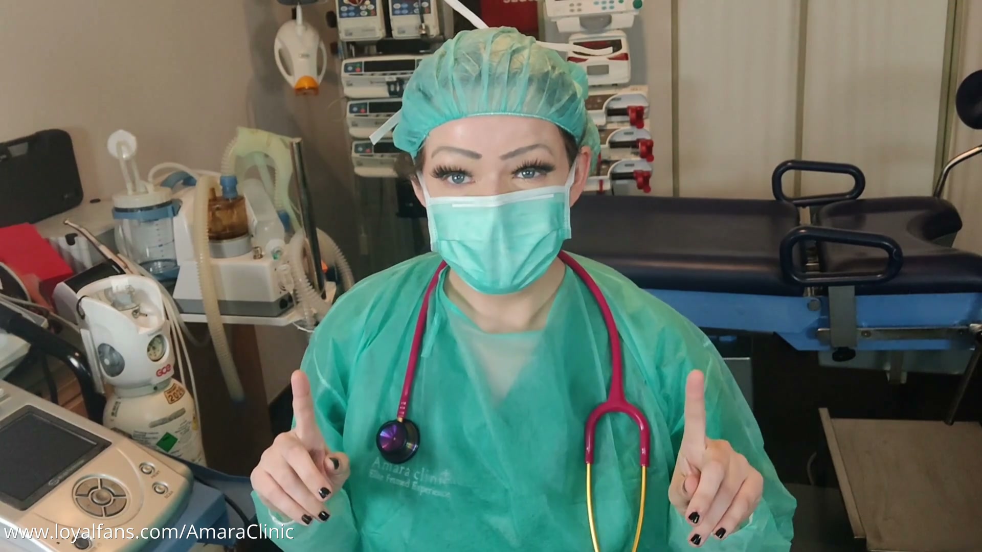 Mistress Katharina Amara performing a POV blood pressure examination with a Littmann stethoscope and a Welch Allyn manual pressure meter, free medfet video